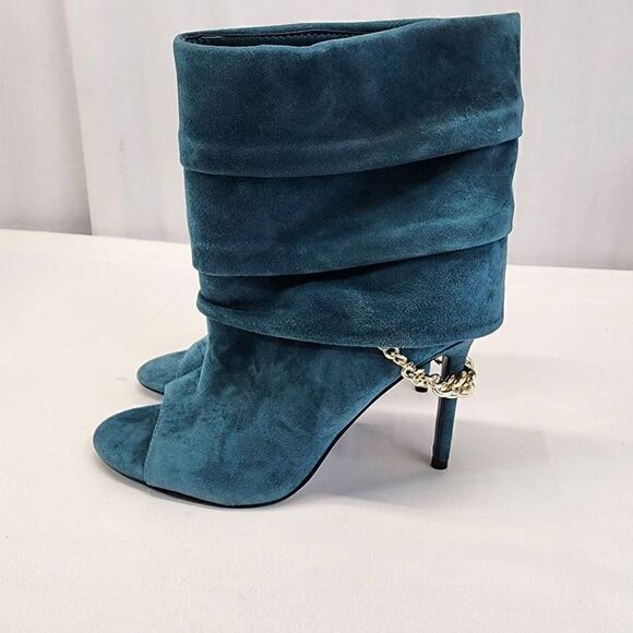 GUESS Adilee Teal Chain Pleated Peep Toe Stiletto Leather Booties Aize 9.5 M - Picture 4 of 11